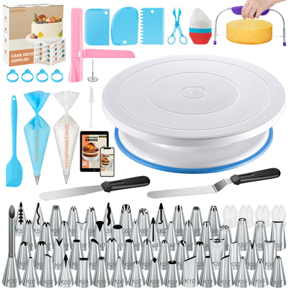 Kootek 230PCs Cake Decorating Supplies Kits with Ebook, Cake Turntable, 100+2 Piping Bags, 50 Disposable Cupcake Liners, 58 Icing Piping Tips, 3 Icing Scrapers, 2 Spatulas, Cake Leveler for Baking