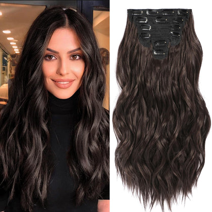 Fliace Clip in Hair Extensions, 6 PCS Natural & Soft Hair & Blends Well Hair Extensions, Dark Brown Long Wavy Hairpieces(20inch, 6pcs, Dark Brown)