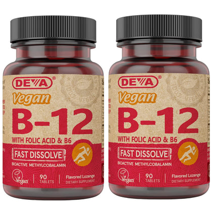 DEVA Vegan Vitamin B12 Fast Dissolve Supplement - Once-Per-Day Complex with 1000 Mcg Methylcobalamin B12, Folic Acid, B6 - Lemon Flavor - 90 Dissolvable Tablets, 2-Pack