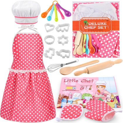 Kids Cooking Baking Set 19Pcs, Kids Chef Role Play Costume Set - Chef Hat and Matching Pink Apron Children Dress up Pretend Gift for 3 4 5 6 7 8 Year Old Girls Toys