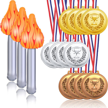 12 Pieces Gold Silver Bronze Plastic Medals Winner Award Medals, Olympic Style Metal Winner Awards and 3 Pieces Inflatable Torch Fun Torch Inflates for Competition, Gymnastic Birthday Party Favors