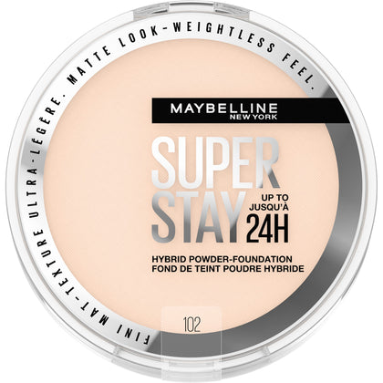 Maybelline Super Stay Up to 24HR Hybrid Powder-Foundation, Medium-to-Full Coverage Makeup, Matte Finish, 102, 1 Count