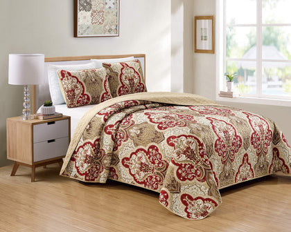 Better Home Style 2 Piece Luxury Lush Soft Taupe Burgundy Motif Ornamental Floral Printed Design Coverlet Bedspread Quilt Oversized Bed Cover Set # Amanda (Taupe, Twin/Twin XL)