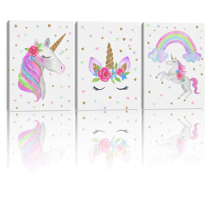 Something Unicorn - Stretched/Framed, Ready to Hang Canvas Wall Art. Super Cute Water Color Unicorn Prints for Nursery or Girl's Bedroom Decor. Set of 3. 12x16in - Gold Glitter Unicorn Original