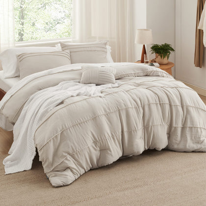 Bedsure Beige Queen Comforter Set - 4 Pieces Pinch Pleat Bed Set, Down Alternative Bedding Sets for All Season, Includes 1 Comforter, 2 Pillowcases, and 1 Decorative Pillow
