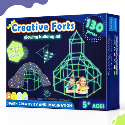 Fort-Building-Kit-for-Kids-130 Pcs -Glow in The Dark Kids Fort- Creative Fort Building Toys for 5,6,7 8,9,10 Years Old Boy & Girls- Kids Gifts Toys, STEM Toys Tunnels Play Tent Indoor & Outdoor