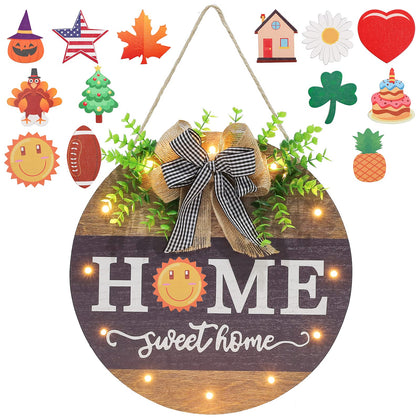 Interchangeable Welcome Sign for Front Door with 14 Changeable Icons, Farmhouse Front Porch Decor Rustic Wooden Wall Sign with 12 LED Lights, Outdoor Seasonal Welcome Home Decorations (Wood home1)