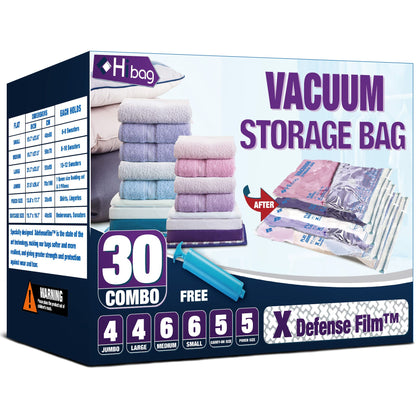 HIBAG Vacuum Storage Bags, 30-Pack Space Saver, Zipper Vacuum Sealed Bags for Clothing, Clothes, Comforters and Blankets (30C)