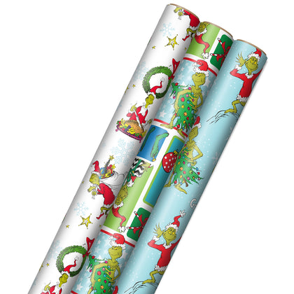 Hallmark Dr. Seuss Grinch Wrapping Paper for Kids (3 Rolls: 105 Sq. Ft. Ttl) for Christmas with Blue Tiles, White Snowflakes, Cindy Lou Who, Max