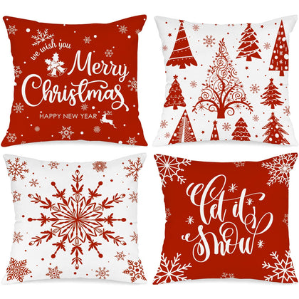Lanpn Christmas Throw Pillow Covers 18x18 Set of 4, Merry Christmas Winter Xmas Snowflake Decorative Holiday Cushion Pillow Cases 18 x 18 for Outdoor Indoor Farmhouse Home Room Couch Decor (Red)