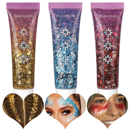 BADCOLOR Gold Blue Red Face Body Glitter Set, Holographic Shimmer Chunky Glitters for Hair Nails Eye Lips, Music Festival Concert Rave Accessories Party, Sparkling Mermaid Sequins Gel Makeup Kit