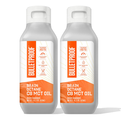 Bulletproof Brain Octane Premium C8 MCT Oil from Non-GMO Coconuts, 14g MCTs, 2 Pack 16 Fl Oz, Keto Supplement for Sustained Energy, Appetite Control, Physical Energy, Non-GMO, Vegan & Cruelty Free