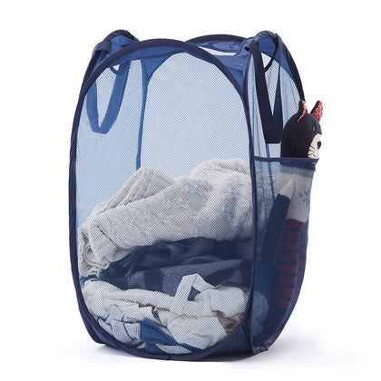 Mesh Pop Up Laundry Hamper with Durable Handles - Portable Collapsible Clothes Baskets for Dorm, Bathroom & Travel (Blue)