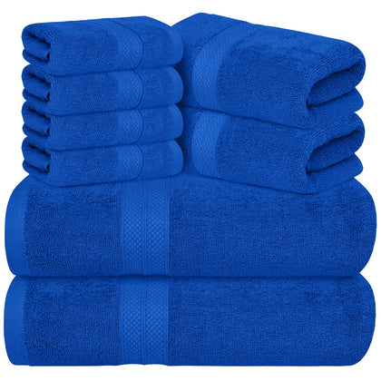 Avalon Towels Luxury 8 Piece Towels Set, 2 Bath Towels, 2 Hand Towels and 4 Washcloths Ring Spun Cotton 600 GSM, Highly Soft and Absorbent Towels for Bathroom, Hotel and Spa Quality (Royal Blue)
