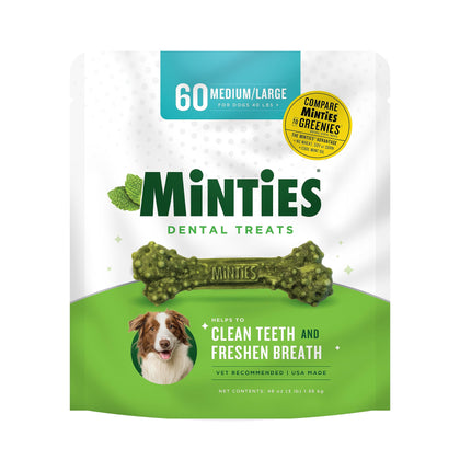 Minties Dental Chews for Dogs, Vet-Recommended Mint-Flavored Dental Treats for Medium/Large Dogs over 40 lbs, Dental Bones Clean Teeth, Fight Bad Breath, and Removes Plaque and Tartar, 60 Count