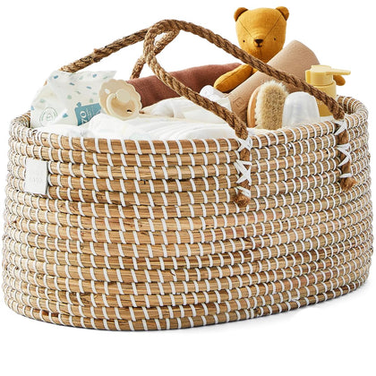 BEBE BASK Baby Diaper Caddy Organizer - Handmade Organic Seagrass - Luxury Diaper Caddy Basket - Cute Diaper Caddy for Baby Girl & Diaper Caddy for Baby Boy - White (Natural)
