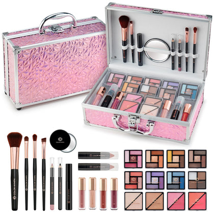 Color Nymph Starter Makeup Kit for Tweens Girls, Train Case for Women Full Kit with Eye Shadow, Lipstick, Blush, Brushes, Lipgloss, Mascara, Brow Wax and Mirror Pink Full Starter Cosmetics Set