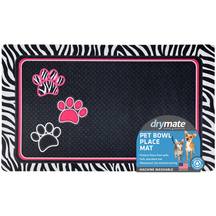 Drymate Pet Bowl Placemat, Dog & Cat Food Feeding Mat - Absorbent Fabric, Waterproof Backing, Slip-Resistant - Machine Washable/Durable (USA Made) (12 x 20) (Zebra/Paws Black)