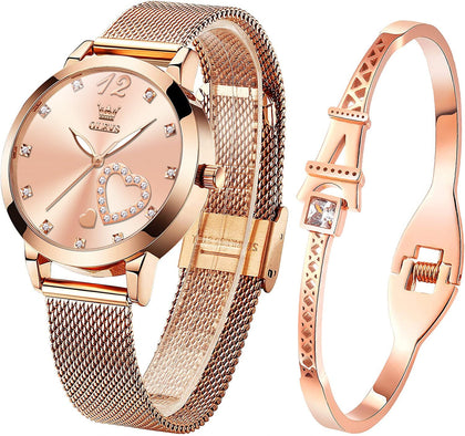 OLEVS Womens Watch Gift Set with Bracelet Rose Gold Minimalist Slim Casual Dress Analog Quartz Wrist Watches for Lady Female Waterproof Luminous Pink Face