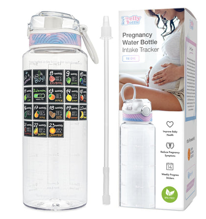 BellyBottle Water Bottle Tracker for Pregnancy - Must-Have First Trimester Essentials - Great Gifts for Expecting Moms - Nausea Relief - Weekly Stickers, Straw, BPA Free