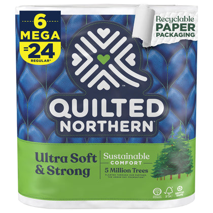 Quilted Northern Ultra Soft & Strong Toilet Paper with Paper Packaging, 6 Mega Rolls = 24 Regular Rolls White