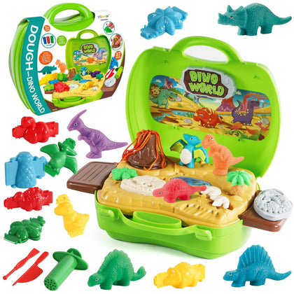 VConejo 2 in 1 Dinosaur Color Dough Toys, 37 Pieces Dino Theme Color Dough Tools Accessories with Volcano and Fossils for Boys and Girls