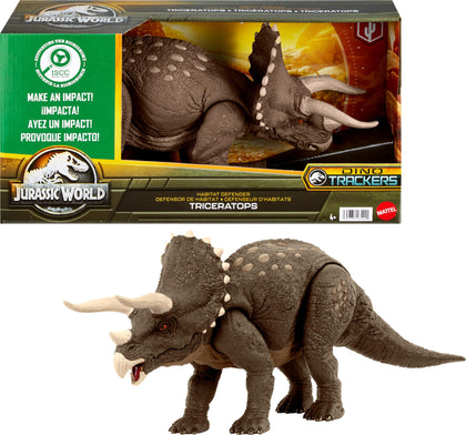 Mattel Jurassic World Dinosaur Toy, Habitat Defender Triceratops Action Figure Made from 60 Per Cent ISCC Certified Plastic
