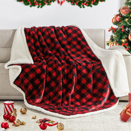 BEAUTEX Sherpa Fleece Throw Blanket, Super Soft Warm Buffalo Plaid Plush Blankets and Throws, Lightweight Cozy Fuzzy Blanket for Couch Sofa Bed (Red, 50