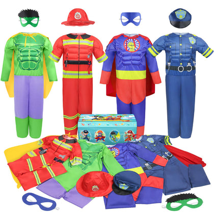 Teuevayl Boys Muscle Chest Dress up Costumes Set Trunk with Superhero, Policeman, Fireman, Kids Pretend Role Play , Boys Dress up Clothes for Kids Ages 4-7