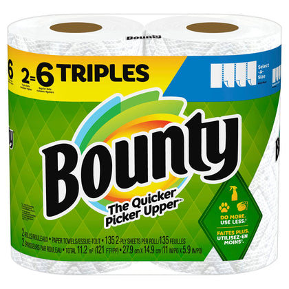 Bounty Select-A-Size Paper Towels, White, 2 Triple Rolls = 6 Regular Rolls