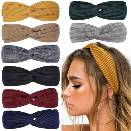 Huachi Headbands for Women Twist Knotted Women Head Bands Boho Stretchy Hair Bands Non Slip for Girls Criss Cross Turban Plain Headwrap Yoga Workout Vintage Hair Accessories, Solid Color