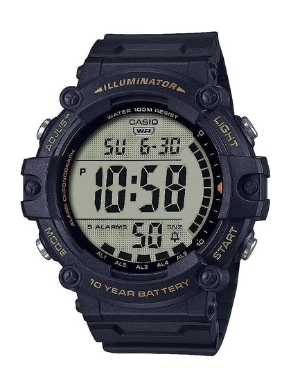 Casio Illuminator Extra Long Strap 10-Year Battery 100 M Water Resistant 5-Alarm w/Countdown Timer Men's Digital Watch, Black, AE-1500WHX-1AVCF