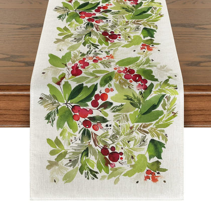 Artoid Mode Watercolor Holly Christmas Table Runner, Seasonal Winter Xmas Holiday Kitchen Dining Table Decoration for Indoor Outdoor Home Party Decor 13 x 72 Inch
