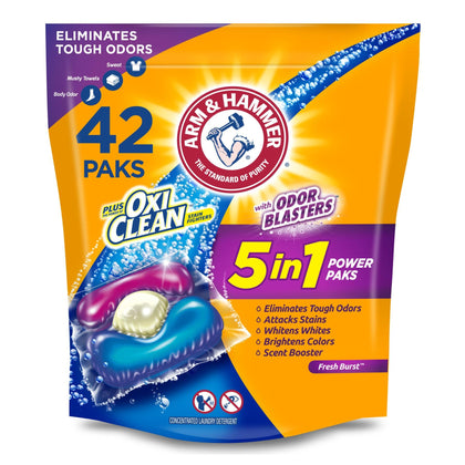 Arm & Hammer Plus OxiClean With Odor Blasters Laundry Detergent 5-IN-1 Power Paks, 42CT (Packaging may vary)
