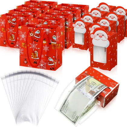 5 Pieces Santa Christmas Money Dispenser with 5 Pieces Bags Money Cake Pull Out Kit Christmas Bags for Gifts with 100 Cake Money Box Transparent Bags for Kids Christmas Party