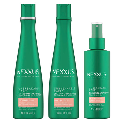 Nexxus Unbreakable Care Shampoo, Conditioner, and Leave-In Spray 3 Pack For Fine and Thin Hair with Keratin, Collagen, Biotin