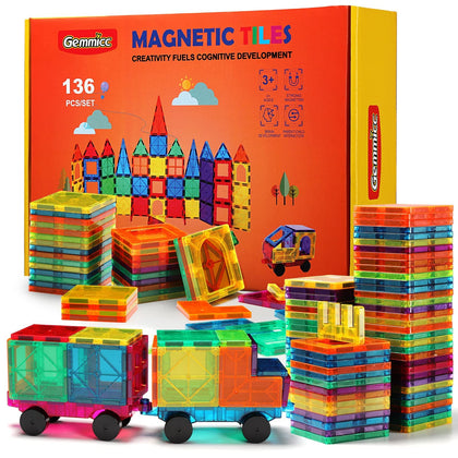 Gemmicc Magnetic Tiles, Deluxe 136 PCS Building Blocks Magnet Toys for Kids,3D Magnet Puzzles Stacking Blocks for Boys Girls,Huge Set with 2 Cars