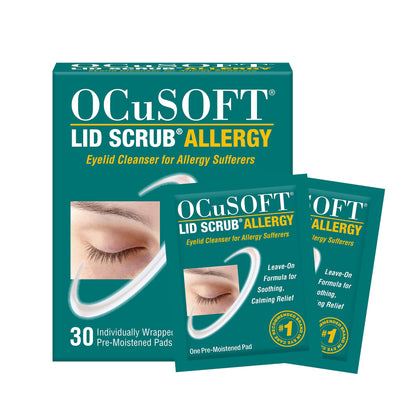 OCuSOFT Lid Scrub Allergy Eyelid Cleanser - Individually Wrapped Pre-Moistened Pads - Green Tea & Tea Tree Oil - Eyelid Wipes to Remove Pollen - 30 Count Wipes