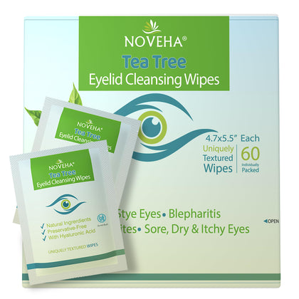 NOVEHA 60PCs Tea Tree Oil Eyelid & Lash Wipes | With Hyaluronic Acid, Green Tea & Chamomile For Blepharitis, Itchy & Stye Eyes, Individually Wrapped, Natural Eyelash Makeup Remover & Daily Cleanser