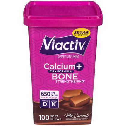 Viactiv Calcium +Vitamin D3 Supplement Soft Chews, Milk Chocolate, 100 Chews - Calcium Dietary Supplement for Bone Health