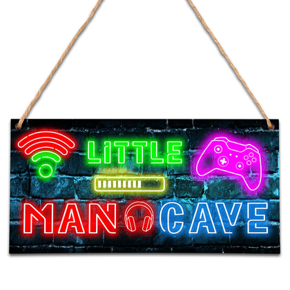 Little Man Cave, Neon Gaming Wooden Door Sign for Gamer Room Decor, Boys Decorations for Bedroom Nursery Playroom Wall Art (5