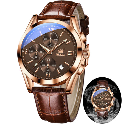 OLEVS Mens Watches Chronograph Luxury Dress Mens Leather Watch Brown Dial Casual Waterproof Watches for Men Relojes para Hombres