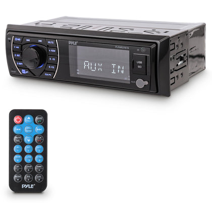 Pyle Bluetooth Marine Receiver Stereo - 12v Single DIN Style Boat In dash Radio Receiver System with Digital LCD, RCA, MP3, USB, SD, AM FM Radio - Remote Control, Wiring Harness - PLRMR27BTB (Black)