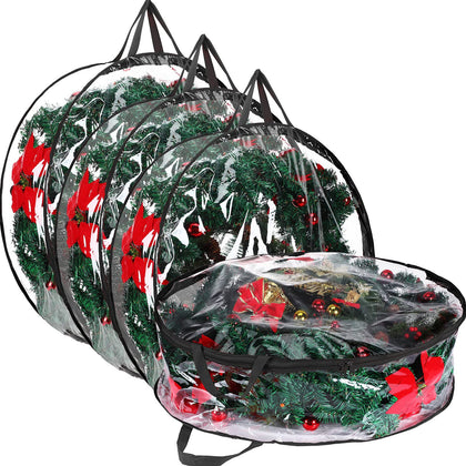 4 Pieces Clear Christmas Wreath Storage Container 24 Inches Xmas Wreath Storage Bag Plastic Christmas Garland Container with Dual Zippers and Reinforced Handles for Xmas Seasonal Wreath (Black)
