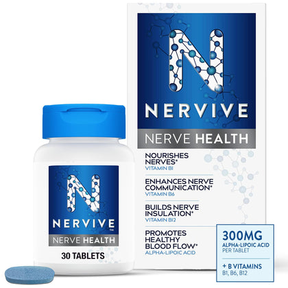Nervive Nerve Health, with Alpha Lipoic Acid, to Fortify Nerve Health and Support Healthy Nerve Function in Fingers, Hands, Toes, & Feet*, ALA, Vitamins B12, B6, & B1, 30 Daily Tablets