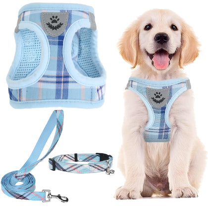 PUPTECK Adjustable Dog Harness Collar and Leash Set Step in No Pull Pet Harness for Small Medium Dogs Puppy and Cats Outdoor Walking Running, Soft Mesh Padded Reflective Vest Harnesses, Blue S