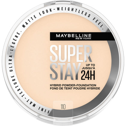 Maybelline Super Stay Up to 24HR Hybrid Powder-Foundation, Medium-to-Full Coverage Makeup, Matte Finish, 110, 1 Count