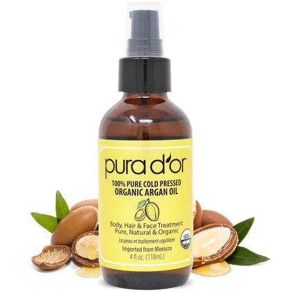 PURA D'OR Organic Moroccan Argan Oil (4oz / 118mL) USDA Certified 100% Pure Cold Pressed Virgin Premium Grade Moisturizer Treatment for Dry, Damaged Skin, Hair, Face, Body, Scalp (Packaging may vary)