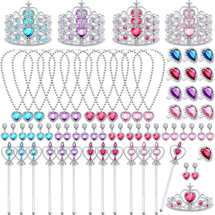 Chunyin 12 Princess Jewelry Toys Princess Pretend Play Set Princess Jewelry Party Favors Costume Jewelry for Girls Dress up Party Favors, Crown Wand Ring Earring Necklace, 4 Colors