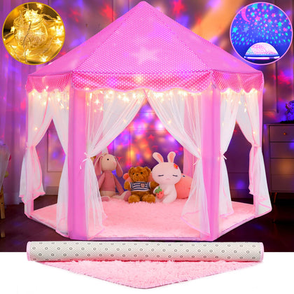Senodeer Princess Tent with Rug, Star Lights, Starry Projector Night Light for Girls, Pink Play Tent for Kids, Girls Toys Set for Indoor and Outdoor Games, Princess Castle Playhouse